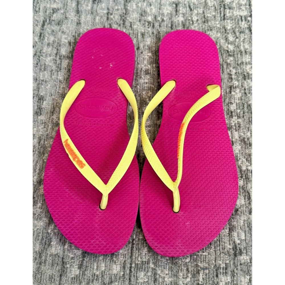 Havaianas Women's Pink/Yellow Logo Flip Flop Sandals Slip On US 9/10 EU 39-40